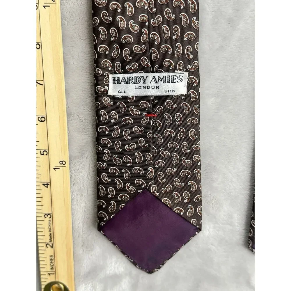 Hardy Amies 100% Silk Paisley Men's Neck Tie‎ Brown Red Purple Cream Vintage